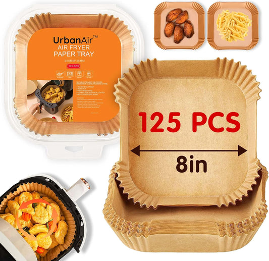 UrbanAir 8-Inch Square Air Fryer Paper Liners - 125 Pcs Non-Stick, Heat-Resistant, Bleach-Free | Perfect Fit for Easy Cleanup