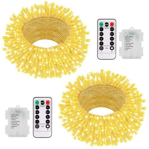 echosari 2 Pack Christmas String Lights Battery Powered, 100 LED 33Ft Fairy String Lights Remote Timer 8 Modes Waterproof Fairy Lights for Bedroom Wedding Party Outdoor Indoor Decor (Warm White)