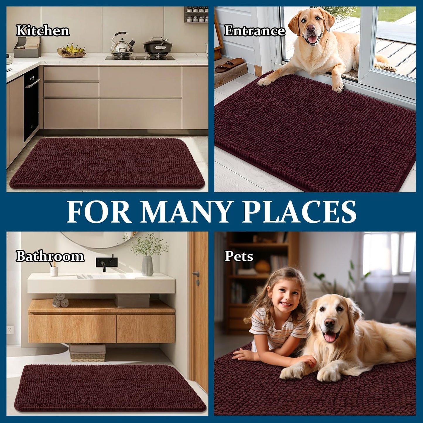 OLANLY Dog Door Mat - Absorbent Non-Slip Chenille for Muddy Paws | 59x35 Inches, Quick Dry, Russet
