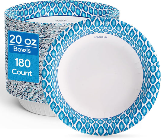 MUCHII 20 Oz Disposable Paper Bowls - 180 Count, Soak Proof Design for All Meals