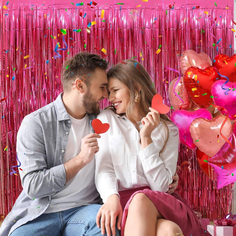 Valentines Day Party Decorations - 3 Pack of 3.2x8.2ft Hot Pink Foil Fringe Curtains Streamers Backdrop for Birthday Bachelorette Party Valentines Backdrop Decorations