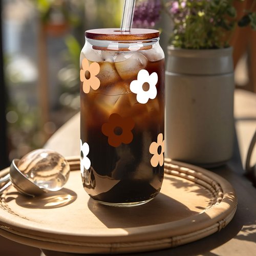Glass Cups with Lids and Straws, Can Shaped Glass Cups, 20OZ Glass Cups, Drinking Glasses, Iced Coffee Glasses Cup, Smoothie Cups, Tumbler Glass, Reusable Iced Coffee Cup Drinking Glasses -Set of 2