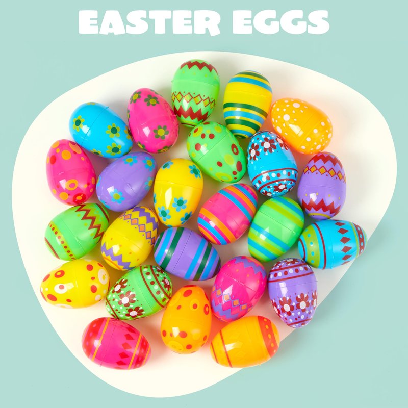JOYIN 3.15Inch Printed Plastic Eggs Colorful, Fillable Empty Eggs Bulks for Easter Hunt Event, Party Favor-18 pcs