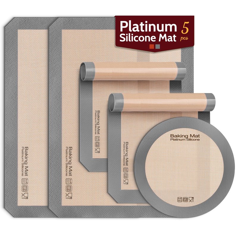 Silicone Baking Mat - Sopito Platinum Silicone - Non-Stick, Food Safe, Reusable Baking Sheet Liner, 5Pcs Set for Half Sheet Size Tray & Quarter Size Tray and 9'' Pizza pan, Grey