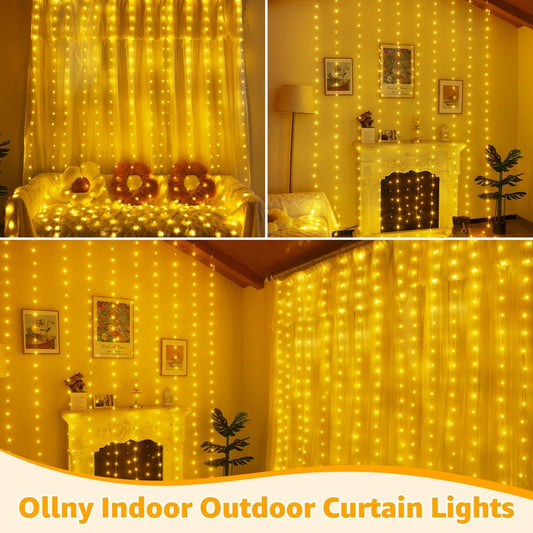 Ollny Curtain Lights 300LED 9.8ftx9.8ft, Connectable IP67 Waterproof Outdoor Curtain String Lights with Remote, Plug-in Untangle Fairy Lights with 8 Modes 3 Timers for Wall Backdrop Decor(Warm White)