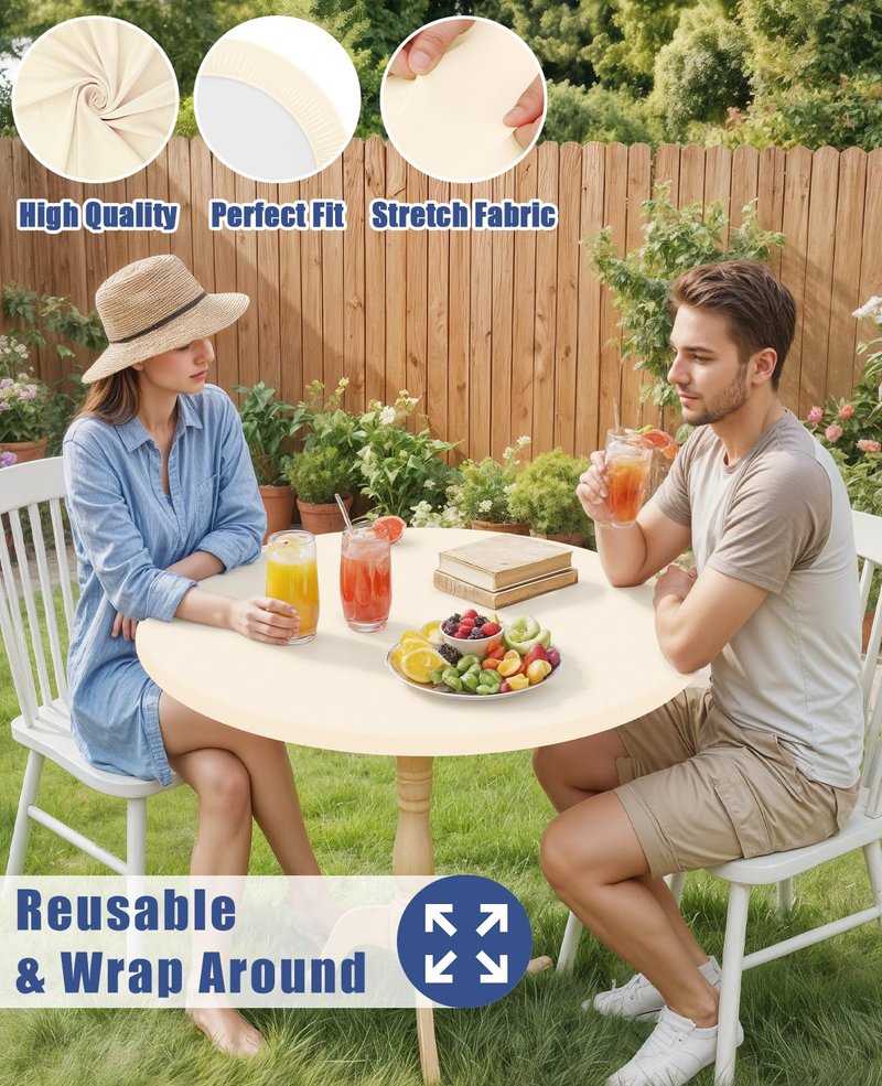 Moosfor Round Spandex Tablecloth, Elastic Fitted Waterproof Tablecloths for 45"-56" Tables, Stretch Washable Picnic Table Cover for Camping, Dining, Indoor and Outdoor, Beige