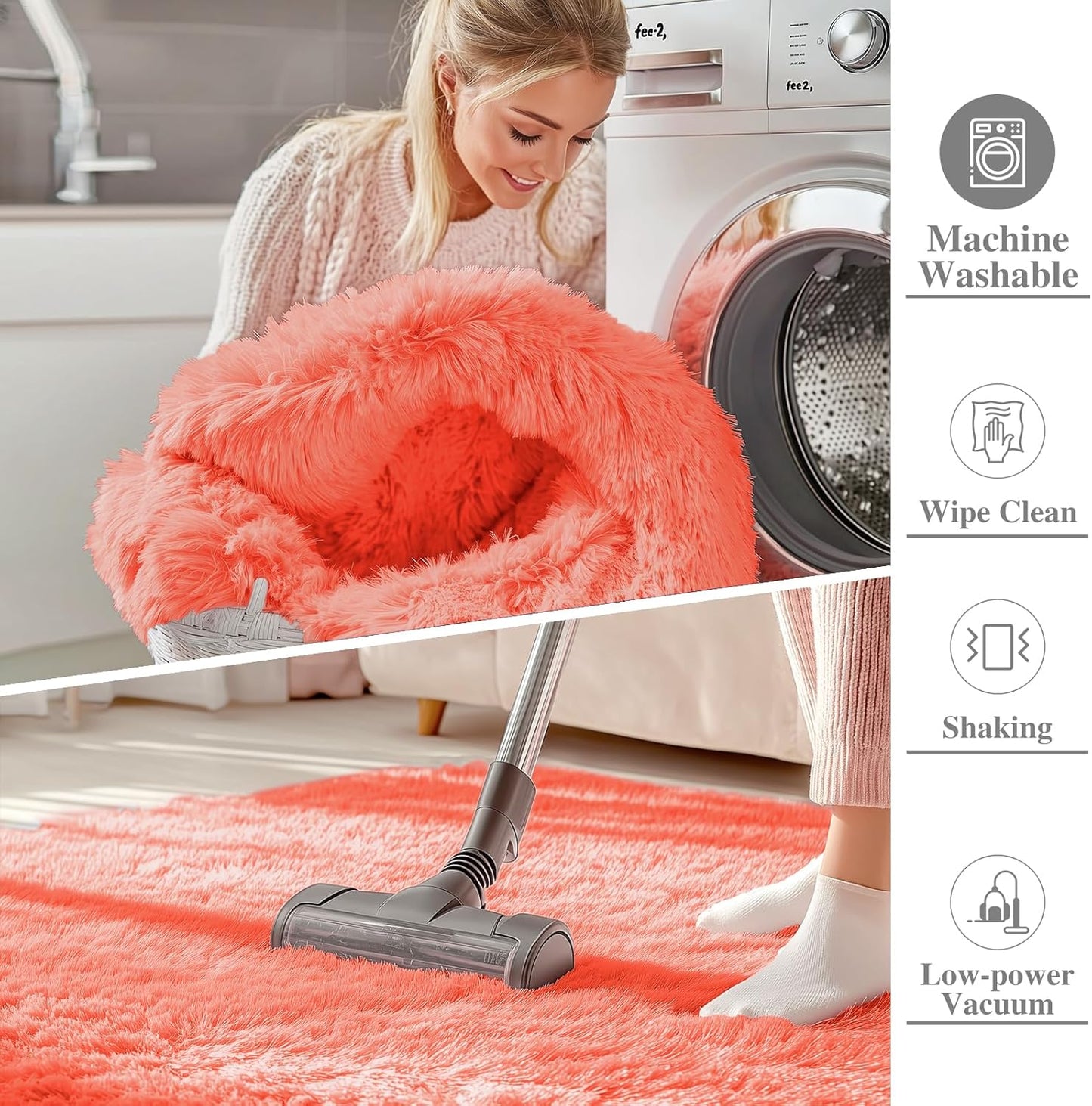 OLANLY Large Machine Washable Area Rug - Soft Fluffy Shaggy Carpet for Living Room & Bedroom | Coral Red 9x12