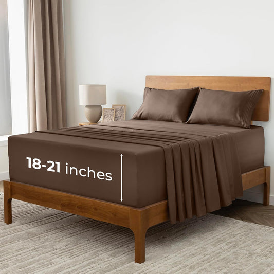 Mellanni Extra Deep California King Sheets - Ultra Soft, Cooling Bedding - 4 PC Set, Wrinkle & Stain Resistant (Brown)