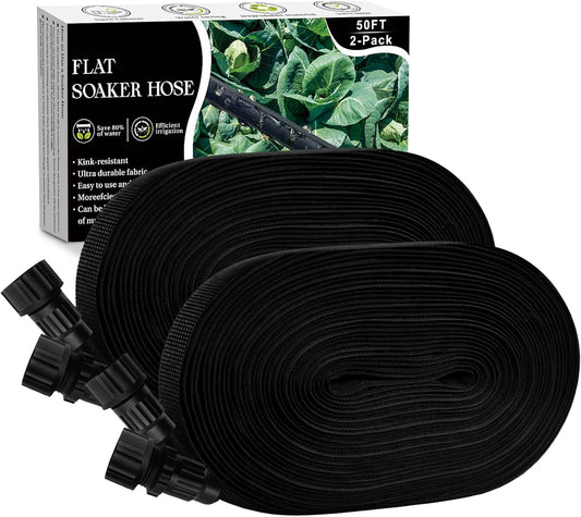 Soaker Hose 100FT - Thickened Flat Drip Irrigation Hose | Leak-Free Design, Saves 80% Water (2 Pack)