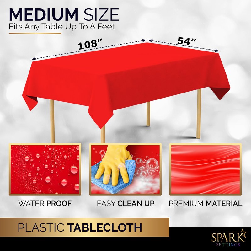 Amcrate Red Plastic Tablecloth Disposable, 6 Pack Premium Tablecloths for Rectangle Tables 54 inch. x 108 inch. Fits Tables Up to 8 Feet, Plastic Table Cloth for Party, Wedding, Holidays
