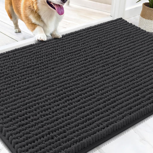 OLANLY Dog Door Mat - Ultra Absorbent Chenille Mud Doormat | Non-Slip & Washable 30x20, Dark Grey