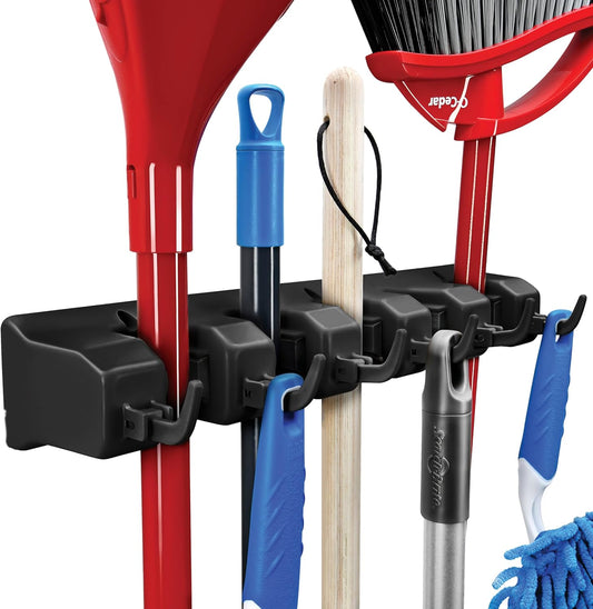 Skiennix Mop And Broom Holder Wall Mount - 5 Slots, 6 Hooks For Efficient Garage Storage | Black