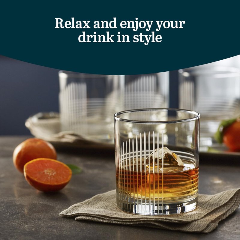 Libbey Cut Cocktails Rocks Glasses Set, Clean, Linear Glassware Drinking Glasses Set of 4, Dishwasher Safe Glasses for Weddings, Birthdays, and More
