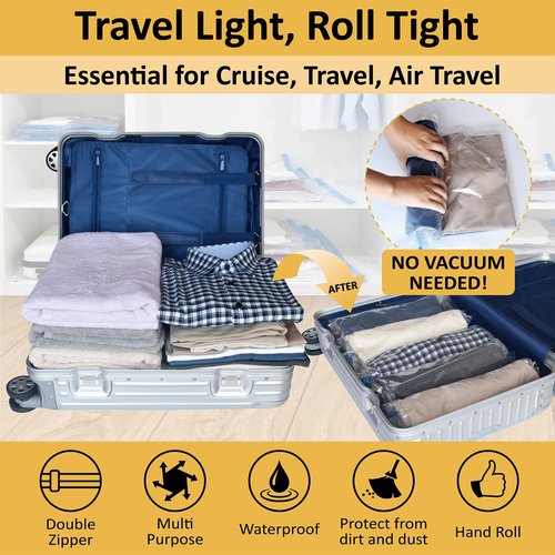 Cozy Essential Compression Bags for Travel - Travel Essentials - 12 Pack Space Saver Plastic Packaging Bags - No Vacuum Needed - Compression Packing Bags for Cruise Accessories