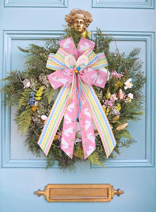 BUVANE Easter Wreath Bow - Large Burlap Bunny Bow for Indoor/Outdoor Holiday Decor | Pink