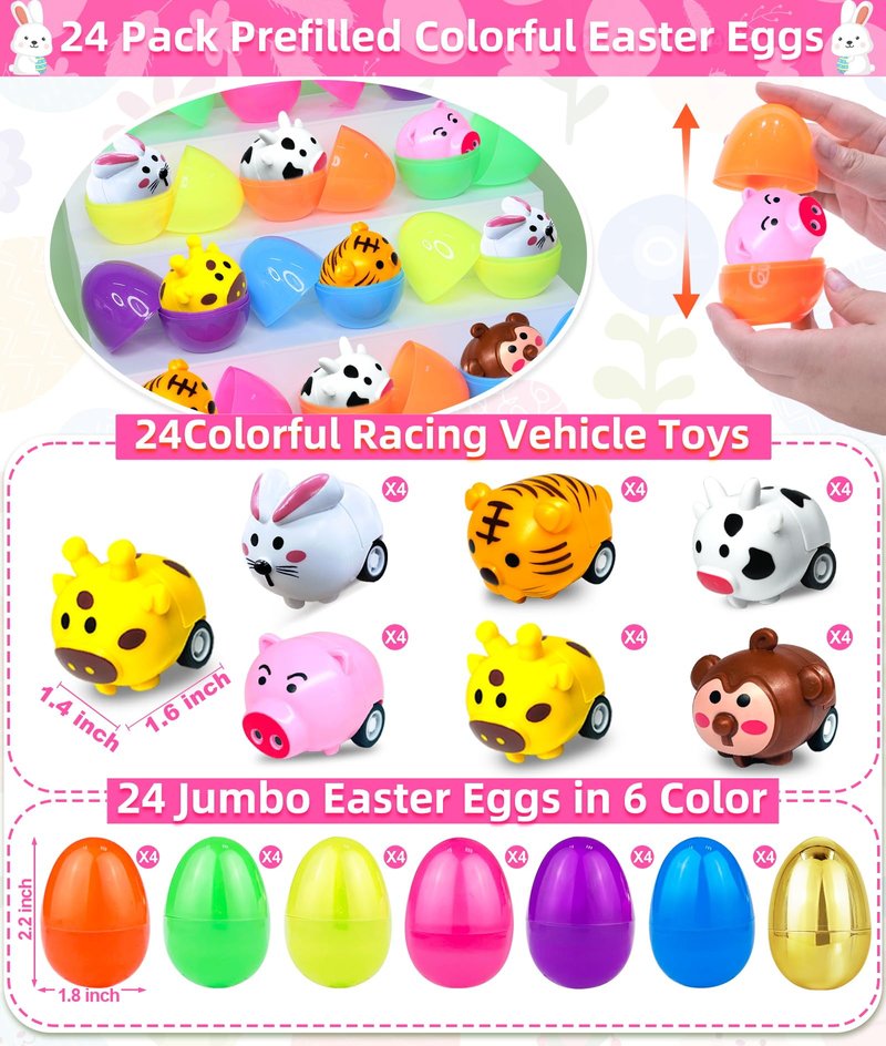 24 Pack Pull Back Animal Vehicles, Mini Animal Pull Back Car Toys for Toddlers 1-3, Baby Car Toys for 12-18 Months, Birthday Gift Party Favors Classroom Prizes Goodie Bag Stuffers for Boys Girls Kids