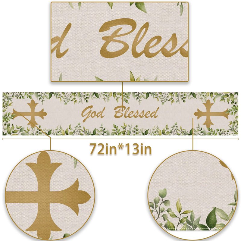 Pudodo Baptism Table Runner God Blessed First Communion Christian Cross Baby Shower Party Kitchen Dining Home Decoration (13" x 72", Green)