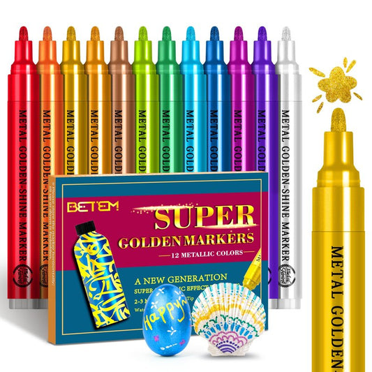 Betem Super Golden Metallic Paint Markers, 12 Colors Metallic Paint Pen Scrapbook Supplies, 2-3mm Medium Tips Glitter Markers for Black Paper, Rock Painting, Ceramic, Wood, DIY Crafts