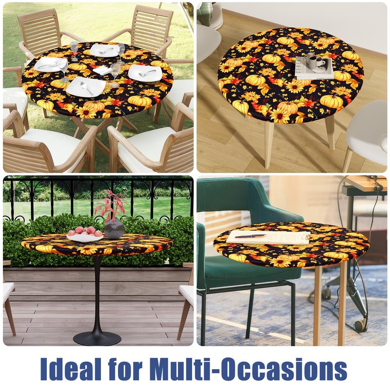 Moosfor Round Spandex Thanksgiving Tablecloth, Elastic Fitted Waterproof Tablecloths for 57"-68" Tables, Stretch Washable Picnic Table Cover for Autumn Harvest Parties, Pumpkin Sunflower