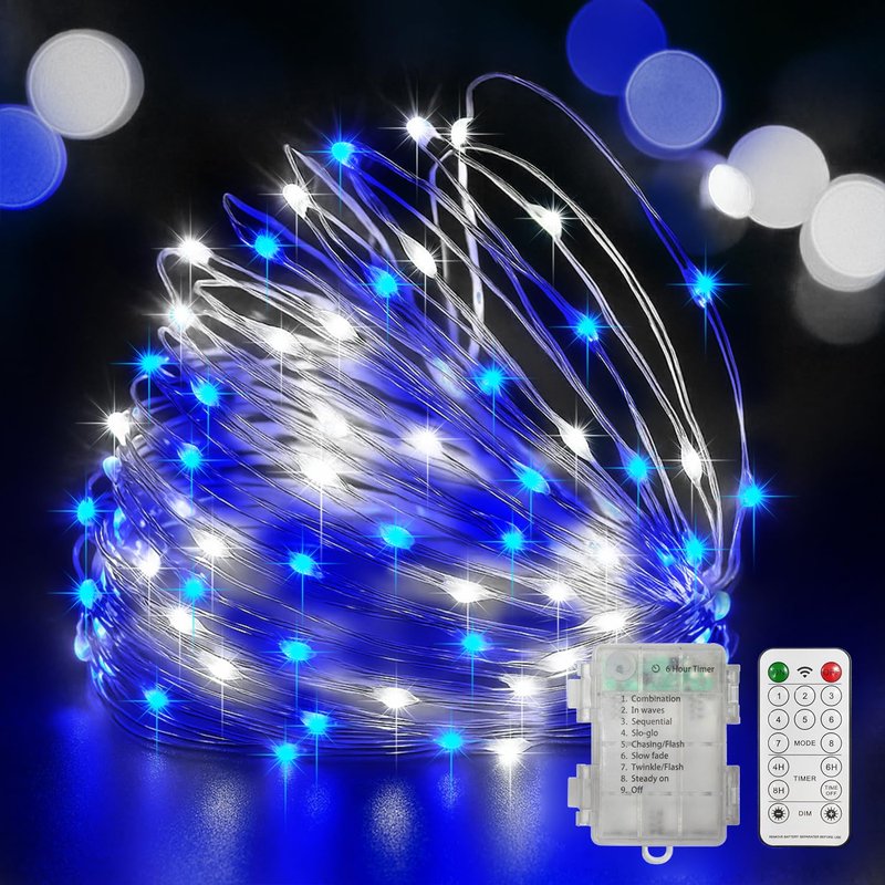 LAMPHOME 100 LED 33FT Blue and White Fairy Lights Battery Operated with Remote, Mini Starry String Lights Multi Functions & Timer,Twinkle for Christmas Home Bedroom Wedding DIY Centerpiece Decor