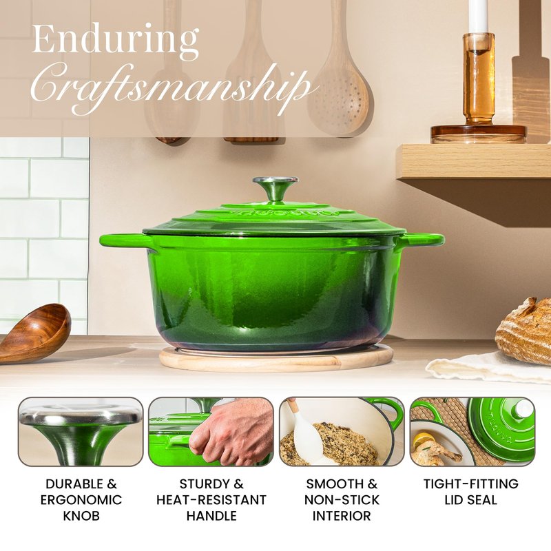 Nuovva Enamelled Cast Iron Dutch Oven Pot with Lid – 6.4 Quart Non Stick Casserole Pot – Heavy Duty & Oven Safe up to 500° F for Bread Baking, Braising, Stews, Roasting – 28cm Green