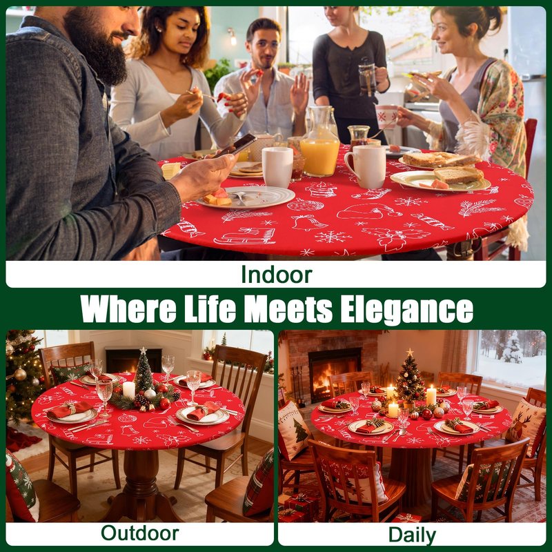Smiry Round Spandex Tablecloth, Elastic Fitted Washable Tablecloths for 36"-44" Tables, Waterpoof Stretch Picnic Table Cover for Dining, Indoor and Outdoor, Holly Berry & Gift