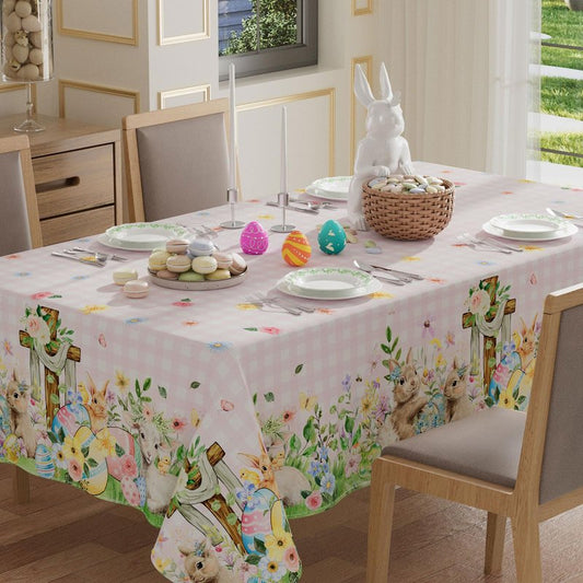 XCHI Plaid Bunny Lamb Eggs Chick Cross Flowers Rabbit Easter Tablecloth Rectangle Table Cloth Washable Table Covers for Indoor Dining Home Party Decorations 60x84 Inch