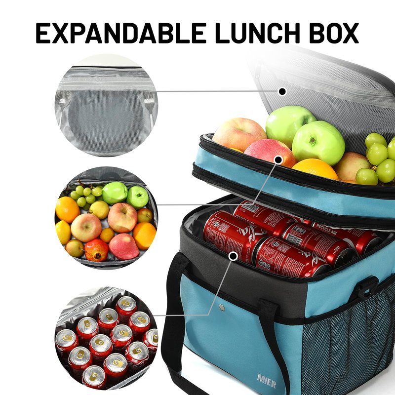 MIER Expandable 24L Lunch Bag Double Layer Insulated Cooler Tote Soft Cooler Bags 30Can Mens Adults Lagre Leakproof Lunch Boxes for Work, Picnic, Camping, Travel, Light Blue