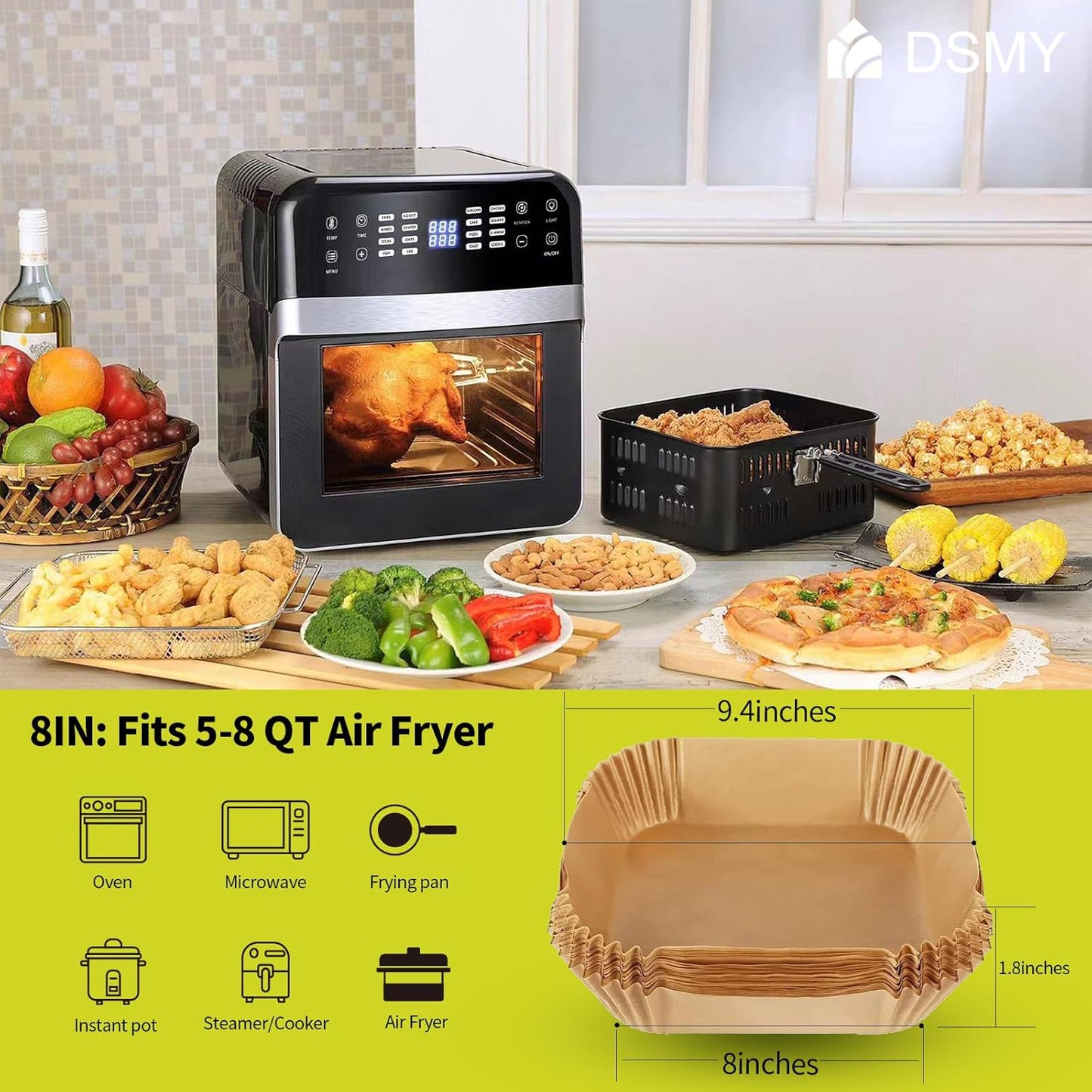 Skiennix Air Fryer Disposable Paper Liners - 200 PCS Non-Stick 8 Inch Square Parchment for 5-8QT Cooking