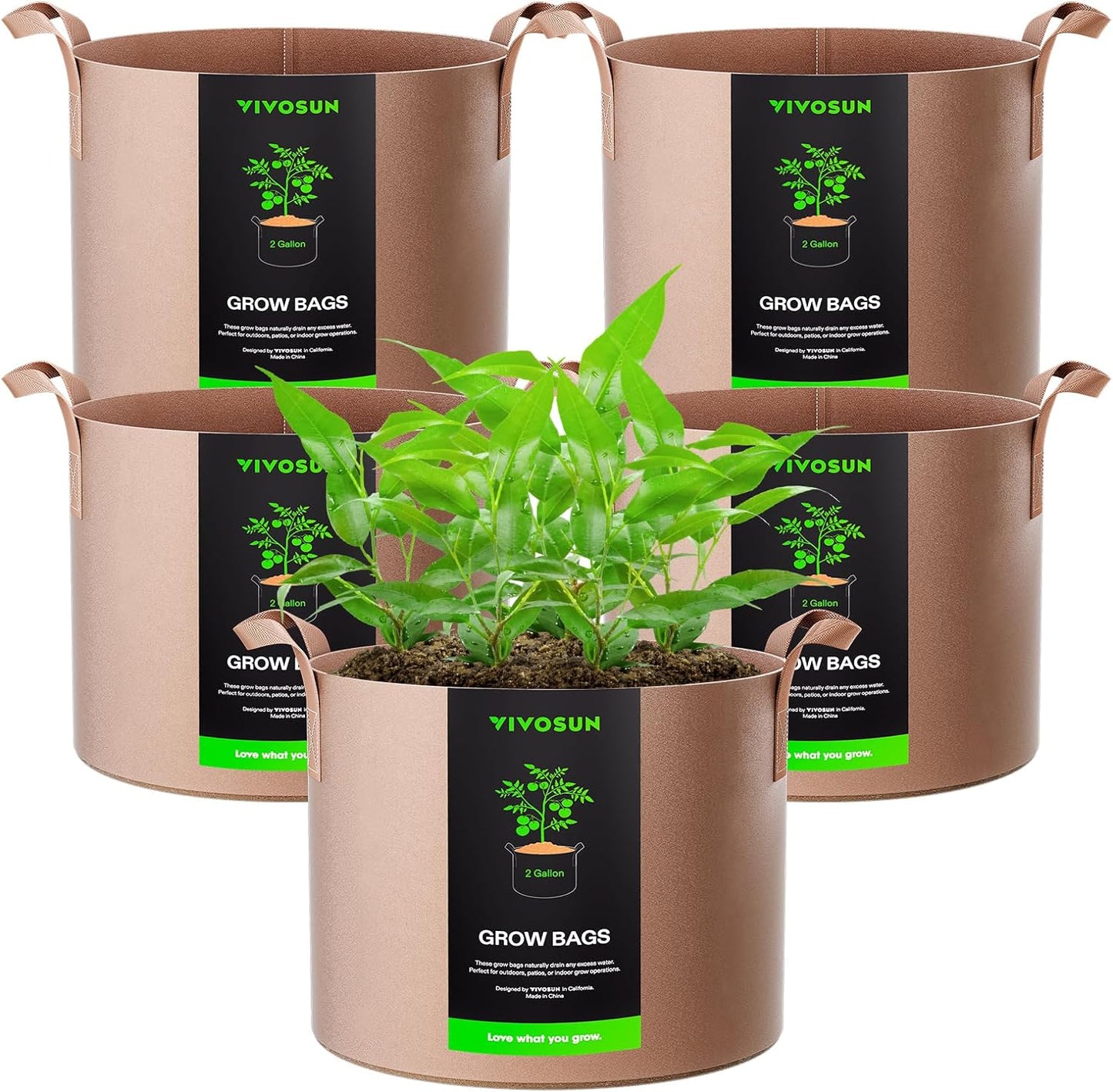 VIVOSUN Grow Bags - Heavy Duty 2 Gallon Nonwoven Fabric Pots with Strap Handles | 5-Pack in Tan