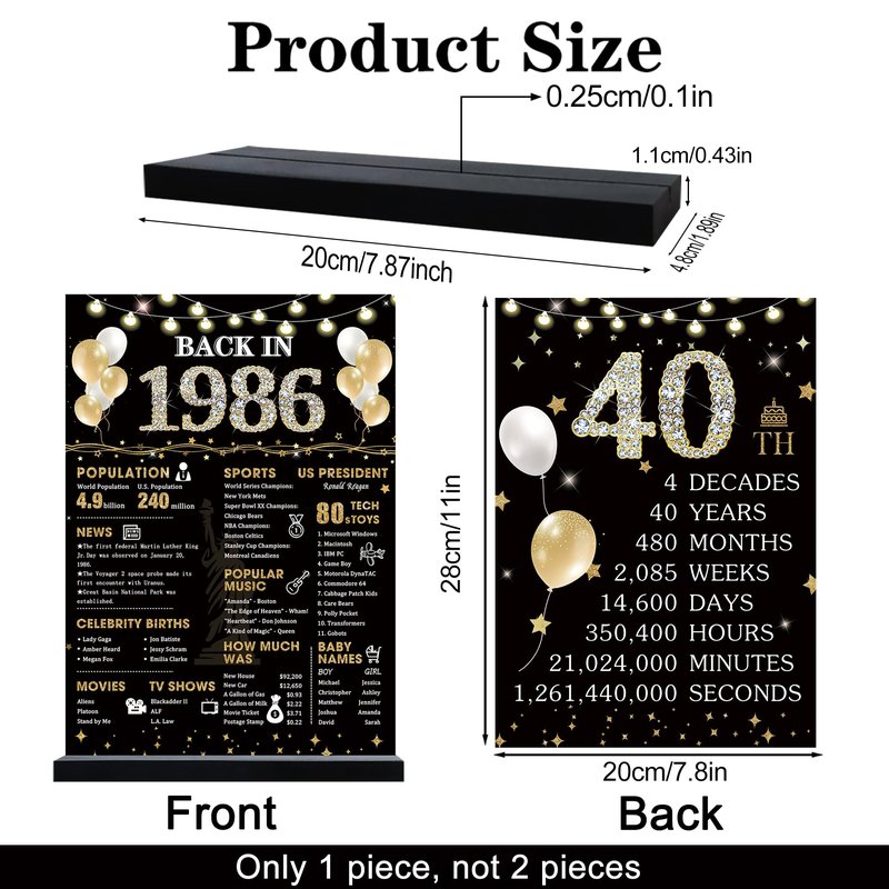 Roetyce 40th Birthday Decorations Gift for Women Men, Black Gold Back in 1986 Poster Acrylic Sign Centerpiece(1PC Duplex Printing), 40th Anniversary Table Decor, 40 Years Old Birthday Party Supplies