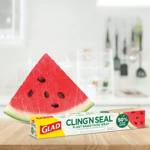 Glad 50% Plant Based Cling N Seal Plastic Wrap for Food, Airtight Seal, 200 Square Foot Roll (Pack of 1)