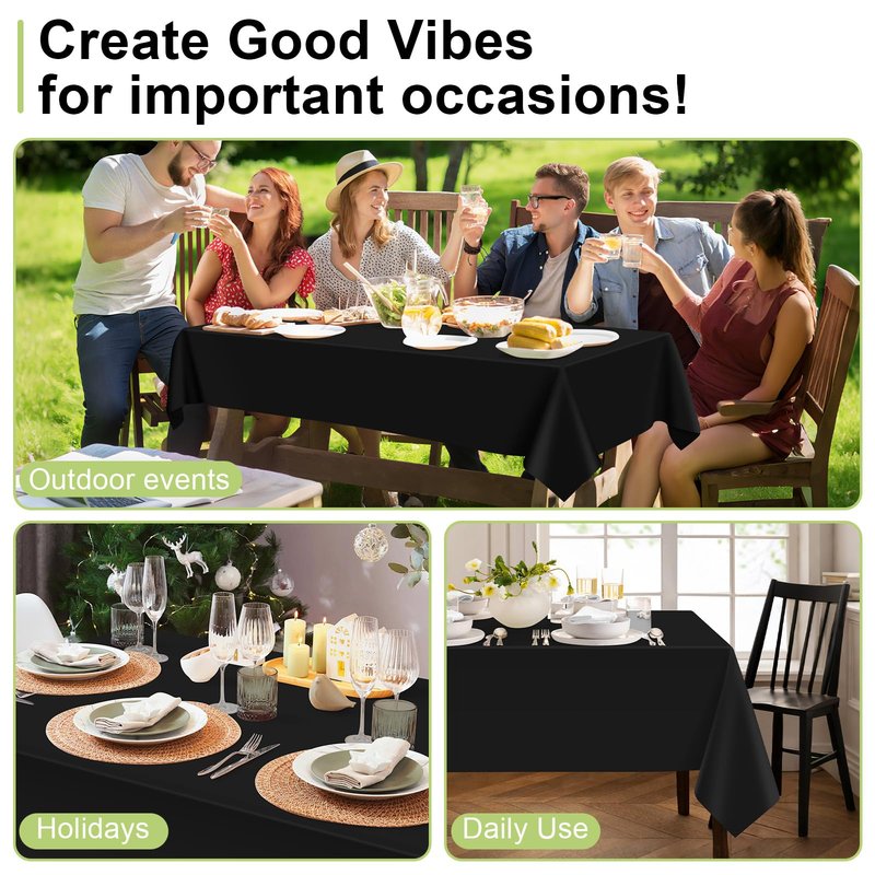 QIKSION Black Plastic Table Cloth Disposable 12 Pack, 54 x 108 Inch Tablecloths for Party, Graduation, Halloween Decorations, Rectangle Table Cover