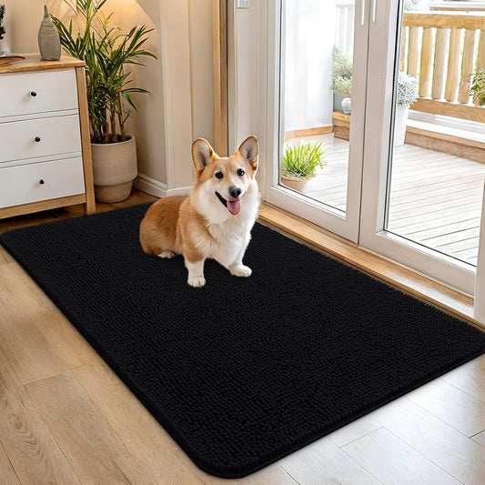 OLANLY Dog Door Mat - Absorbent Non-Slip Chenille Mat for Muddy Paws | 45x27 Inches, Quick Dry, Black