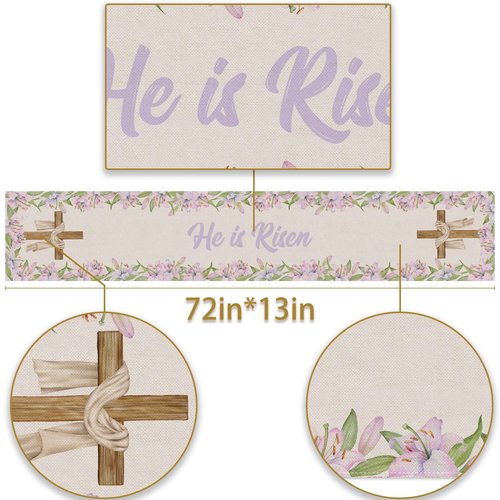 He is Risen Table Runner Easter Christian Cross Resurrection Lily Flower Spring Holiday Party Kitchen Dining Home Decor