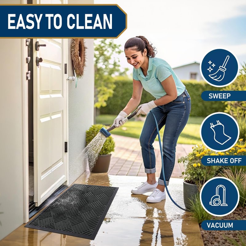 Smiry Front Door Mat Outside Entrance, Heavy Duty Outdoor Indoor Natural Rubber Doormat, Non Slip, Trap Dirt and Moisture, Easy Clean, Low Profile Patio Porch Entryway Mat, 29.5x17, Black