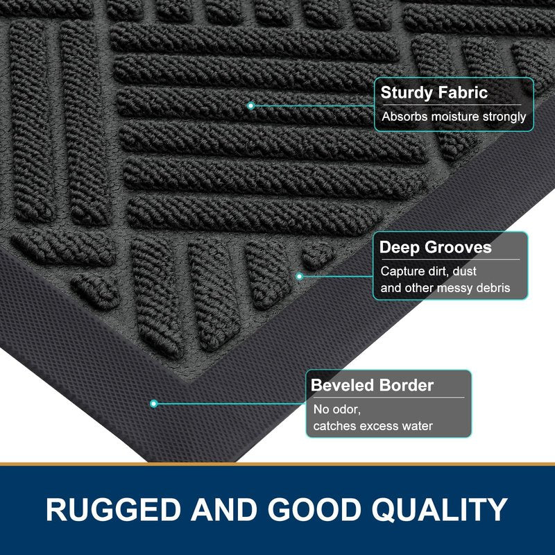 Smiry Front Door Mat Outside Entrance, Heavy Duty Outdoor Indoor Natural Rubber Doormat, Non Slip, Trap Dirt and Moisture, Easy Clean, Low Profile Patio Porch Entryway Mat, 29.5x17, Black