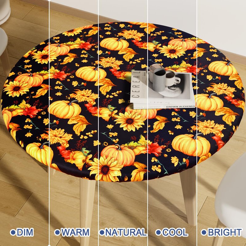 Moosfor Round Spandex Thanksgiving Tablecloth, Elastic Fitted Waterproof Tablecloths for 57"-68" Tables, Stretch Washable Picnic Table Cover for Autumn Harvest Parties, Pumpkin Sunflower