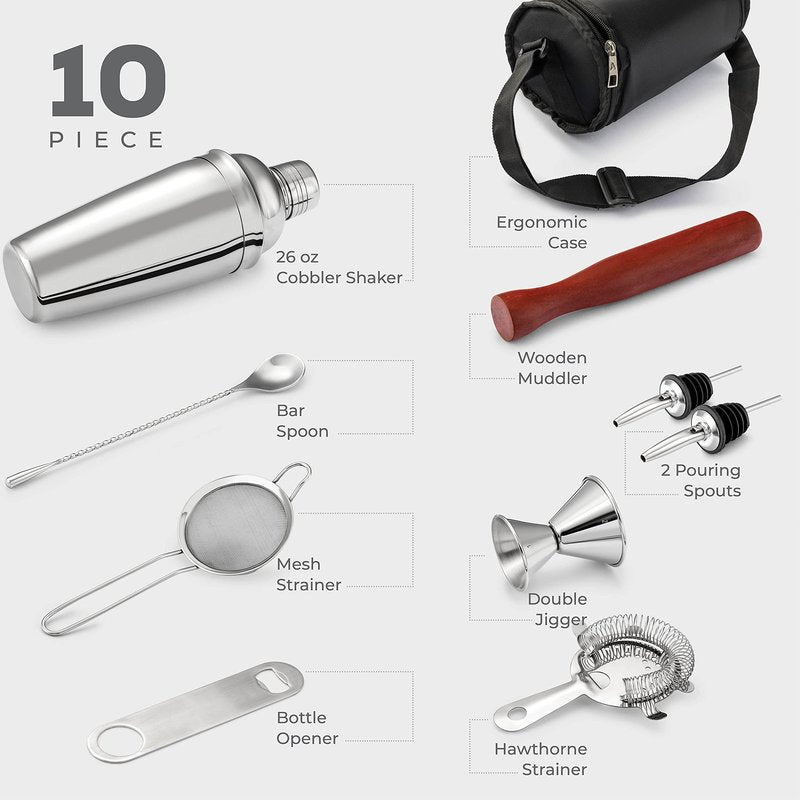 Pantrypoet Bartender Kit & Cocktail Shaker – 10-Piece Stainless Steel Drink Mixer Set with Jigger, Strainer, Muddler & Bar Spoon, Travel Bag Included – Essential Home Bar Accessories