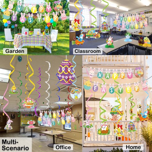 Easter Decorations for Home Decor - 47Pcs Danner Kit, Happy Easter Banners with 3D Bunny Backdrop for Photography Birth Party Favors for Class Office Ceiling Decor Yard Garden Outdoor