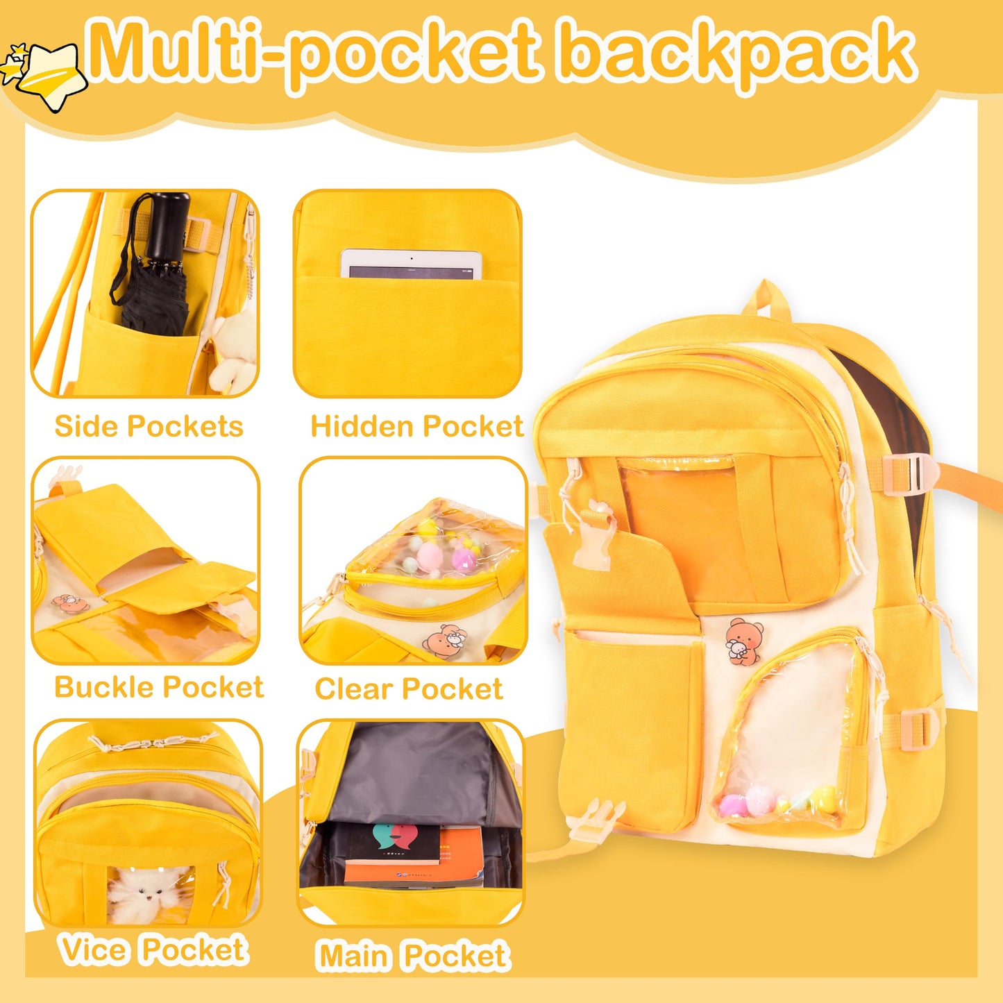 Lifelix Kawaii Backpack for Girls 5 Pcs School Bookbag Cuet Kids Schoolbag with Accessories Crossbody Bags Pencil Case Handbag Coin Purse (Yellow)