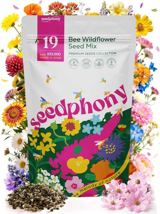 Seedphony 19 Bee Wildflower Seeds Mix - 100,000 Non-GMO Heirloom Seeds for Pollinators | 4oz Waterproof Packet