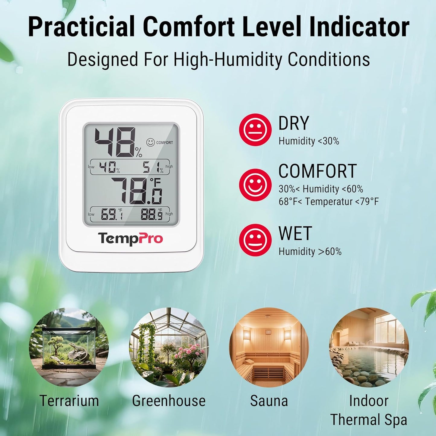 TempPro Greenhouse Thermometer Hygrometer - IPX5 Humidity Resistant Monitor for Indoor Grow Tents & Reptiles