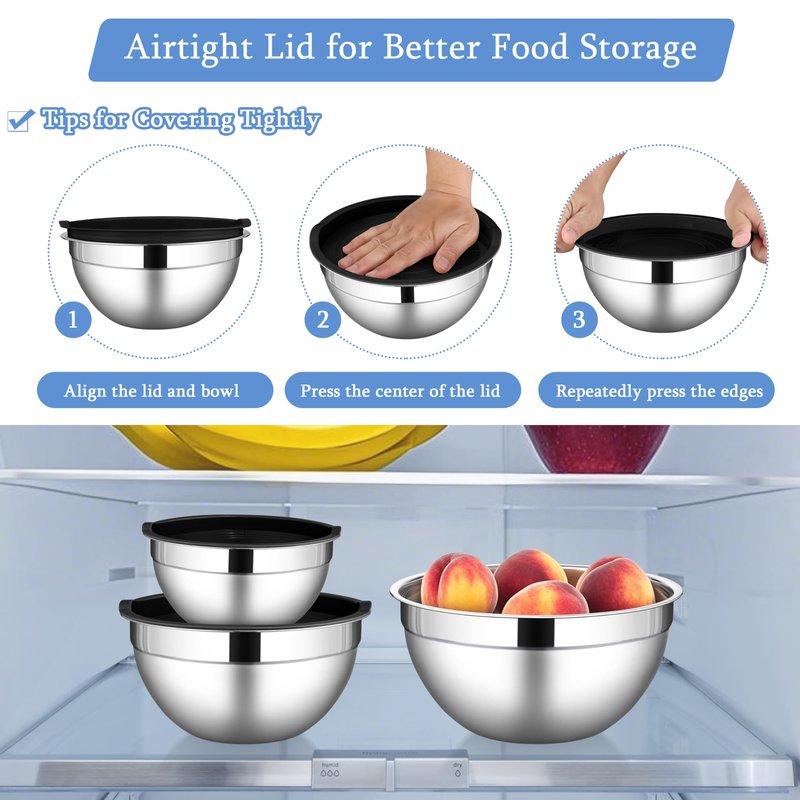 LIANYU Mixing Bowls with Lids Set of 3, Large & Small Stainless Steel Nesting Metal Bowls for Kitchen Storage, Dishwasher Safe, Size 1.5QT & 3QT & 4.6QT, Black