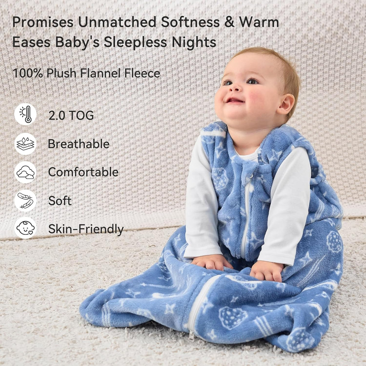 Unnivoll Baby Sleep Sack | Fleece Wearable Blanket 2.0 Tog for Infants 6-12 Months - Medium Blue Green Planet