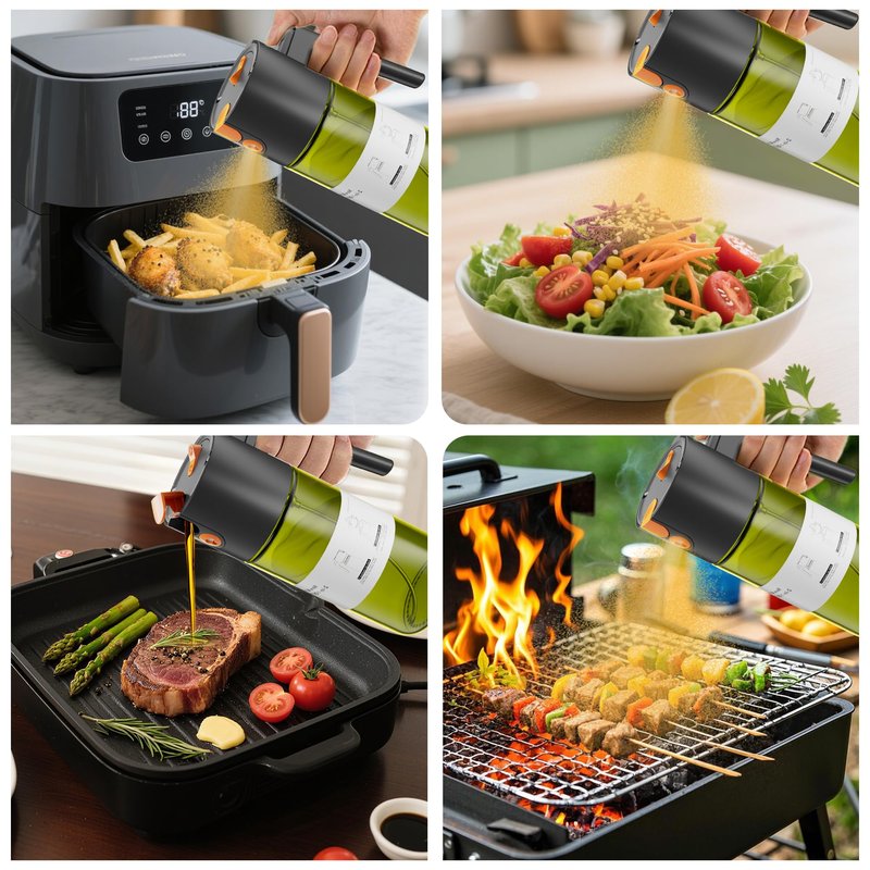 LAKUMIQI 2 in 1 Oil Sprayer for Cooking, 17oz Light-Blocking Glass Spray Bottle with Stickers, Oil Dispenser for Salad, Air Fryer & BBQ