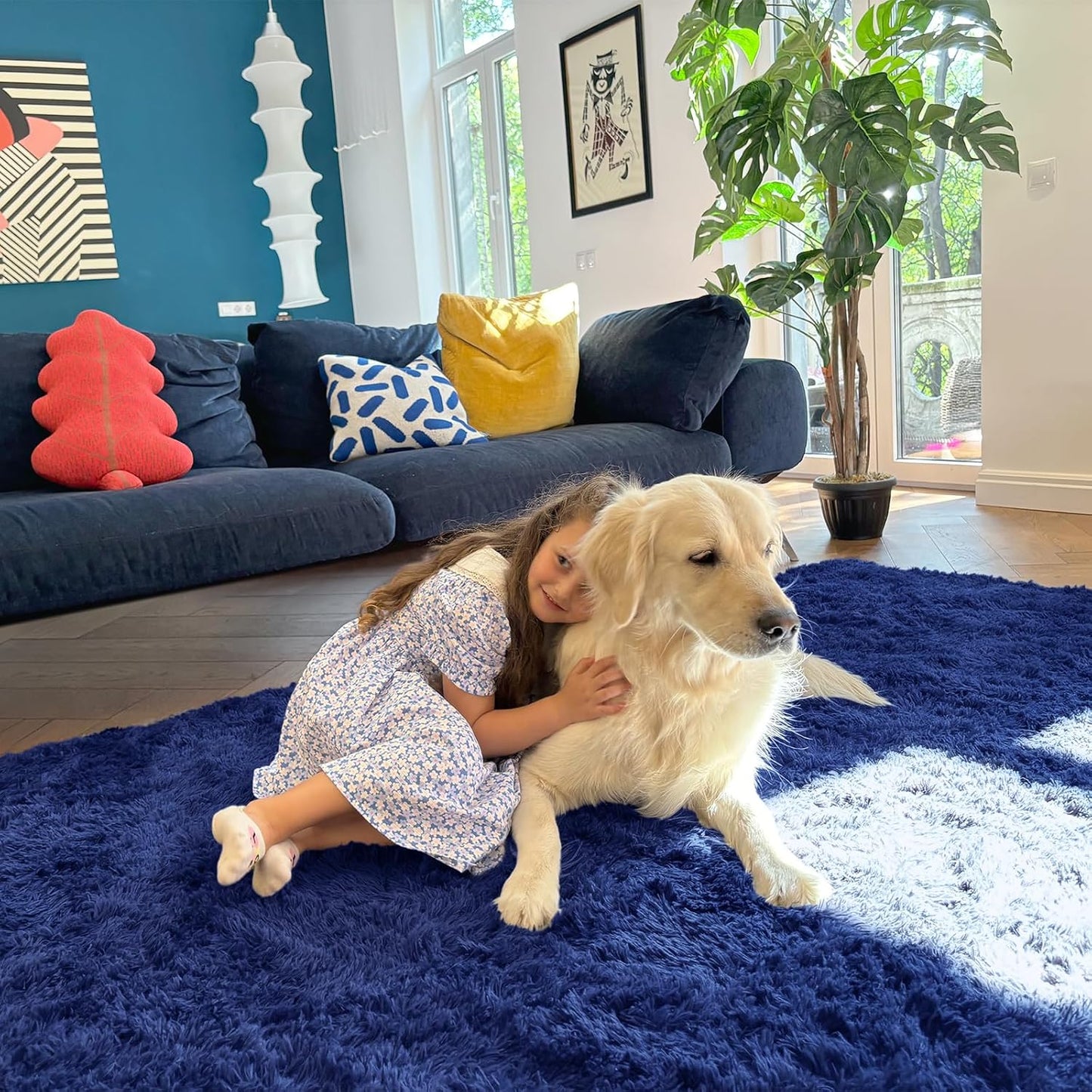 OLANLY 4x5 Soft Fluffy Shaggy Accent Rug - Machine Washable Indoor Carpet for Bedroom & Nursery | Navy Blue