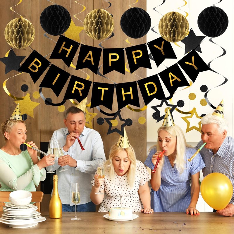 meowtastic Birthday Decorations, Happy Birthday Banner with Honeycomb Balls, Star Hanging Swirl Streamers, Circle Dot Garland, Happy Birthday Party Decorations for Women Men Boys Girls (Black & Gold)
