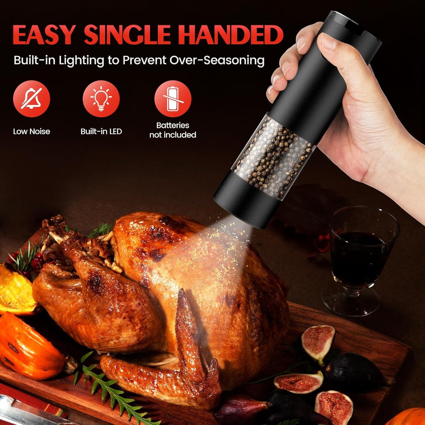 Skiennix Electric Salt and Pepper Grinder Set - Automatic Kitchen Mill with Adjustable Coarseness & LED | Large Capacity