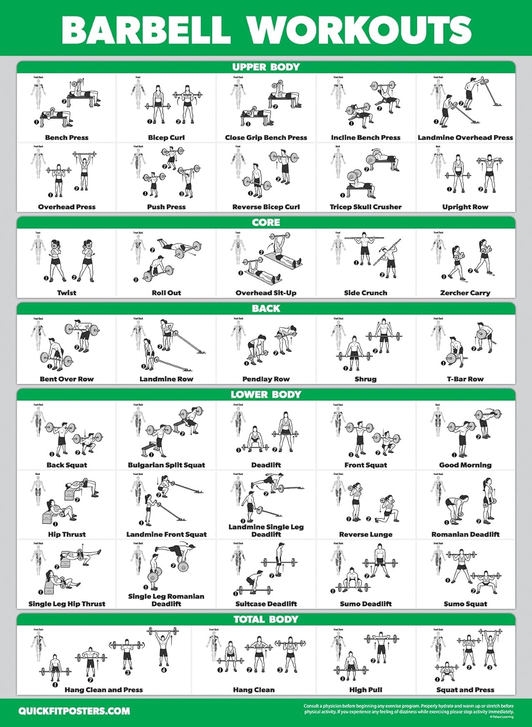 Palace Learning 4 Pack - Laminated Muscle Workout Charts for Dumbbell, Barbell & Bodyweight (18" x 24")